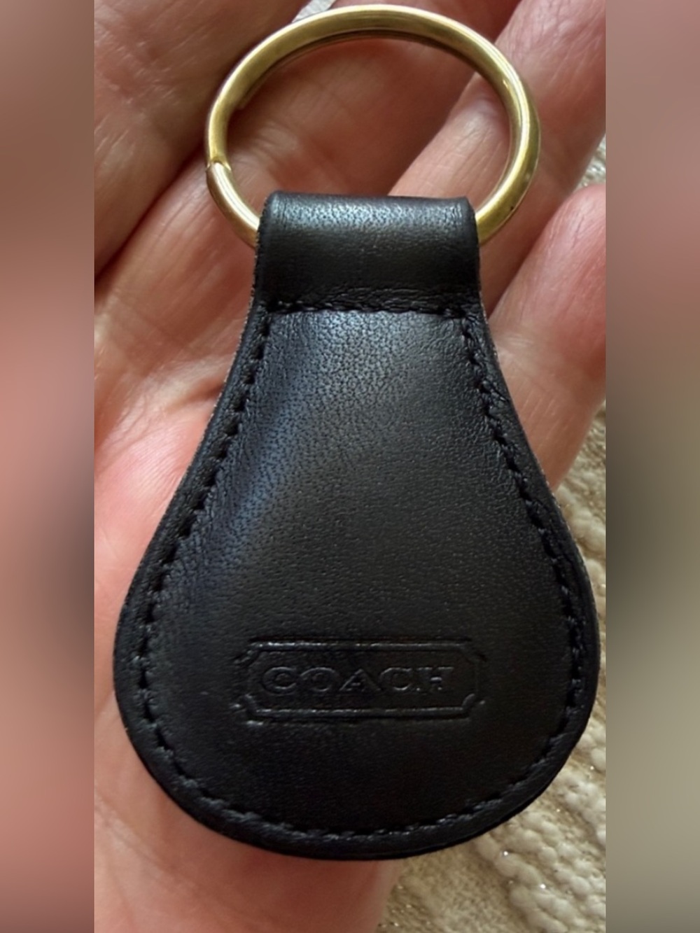 Coach Vintage Black Leather Key Fob with Gold-Tone Ring